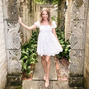 White eyelet lace puff sleeve mini dress
